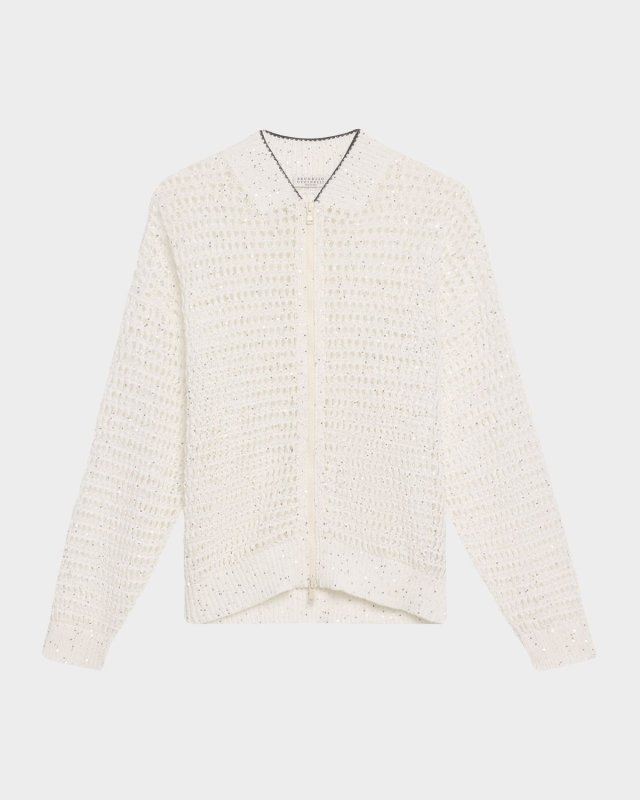 Linen Paillettes Openwork Net Stitched Cardigan